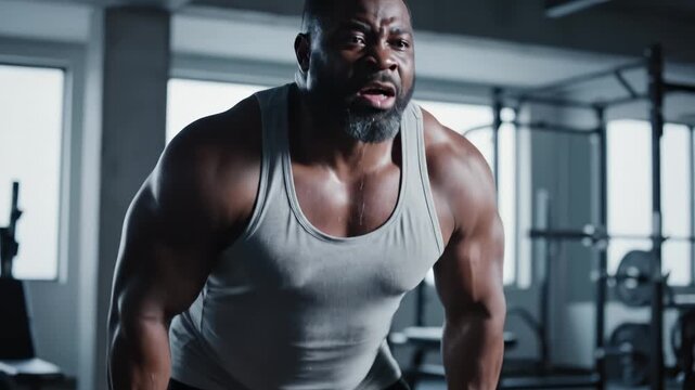 African American Bodybuilder Exerting Himself While Lifting Dumbbell in Gym