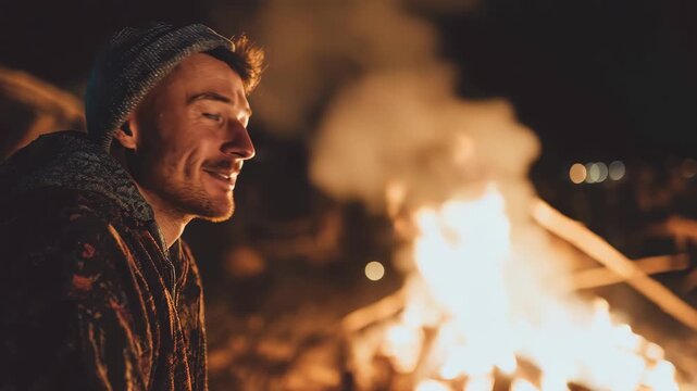 Smiling man enjoys warmth of bonfire at night among friends during camping trip in the woods, creating lasting memories and sharing stories