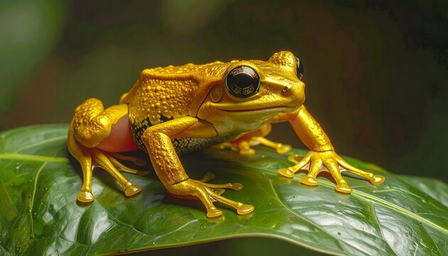 Golden Poison Frog on Green Leaf Tropical Nature Close-Up Wildlife Macro Photography