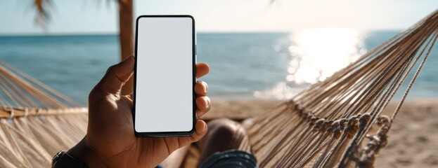 Man relaxing in hammock holding smartphone with blank white screen mockup by the beach, work at vacation concept