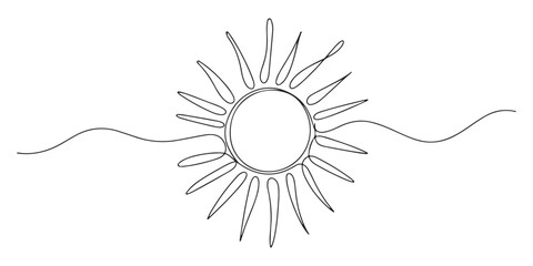 Minimal line art sun illustration with abstract rays continuous one line drawing modern symbol of summer energy and nature on white background