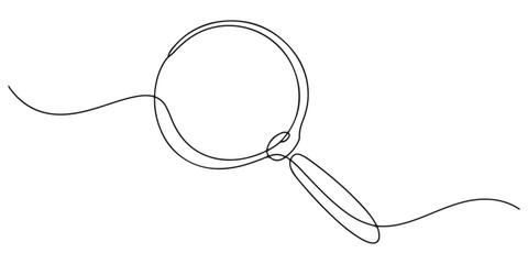 Magnifying Glass Continuous Line Icon, Black magnifying glass in one line art style. Magnifying glass drawing with editable stroke on white background. Vector illustration, minimalism design, Research