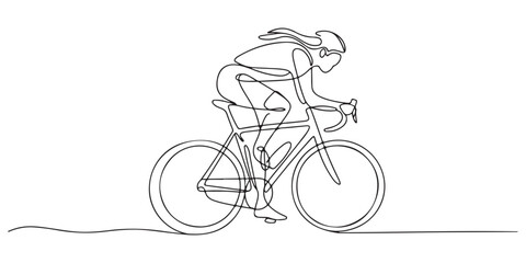 Young female cyclist in action, One continuous line drawing young sporty woman bicycle racer pedaling her bike so fast. one line Icon drawing with white background