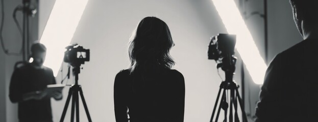 Studio photography session with woman and photographers in silhouette