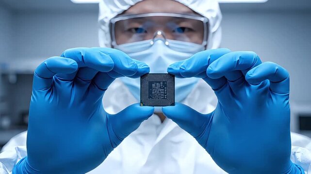 Scientist Holding Microchip in Cleanroom Laboratory for Advanced Technology Research