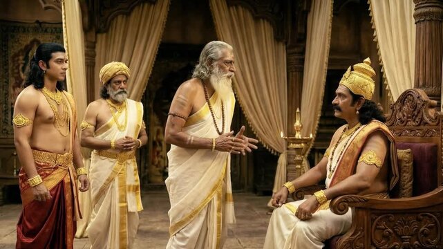 A royal court discussion takes place inside a palace, where the king consults with sages, exchanging wisdom and guidance in a solemn setting.