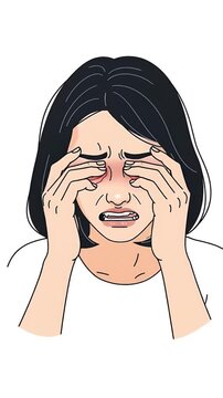 Woman With Red Eyes And Headache Holding Her Temples In Pain