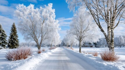 Obraz premium Winter rural road fringed with frosty birch trees