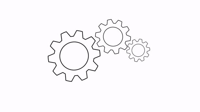Animation of three different mechanical gear variations rotating on a clean white background, showcasing differences in shape, size, and rotation direction for technology. 