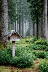 Wooden birdhouse standing in a tranquil pine forest
