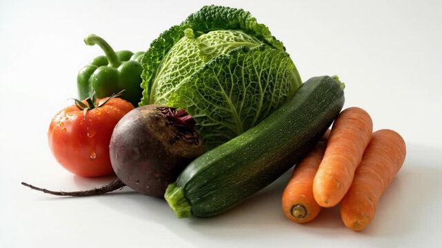 Fresh organic vegetable assortment isolated on white background featuring cabbage carrots zucchini tomato and beetroot