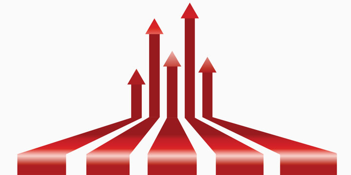 Five red arrows pointing upwards symbolizing growth, progress, and multiple paths to success on a white background.