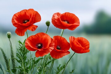 Fototapeta premium Red poppies blooming in green wheat field