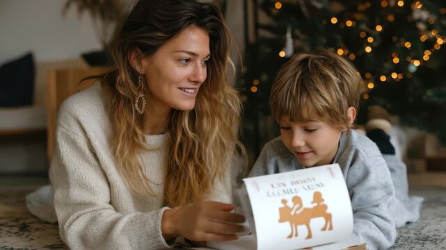 Mom and son enjoy reading together on a marble floor at home during the festive season