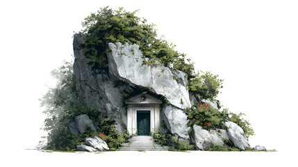Mystical stone mausoleum entrance carved directly into a massive, overgrown rocky cliffside featuring ancient architecture and steps leading toward a grand, dark green doorway.