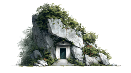 Mystical stone mausoleum entrance carved directly into a massive, overgrown rocky cliffside featuring ancient architecture and steps leading toward a grand, dark green doorway.