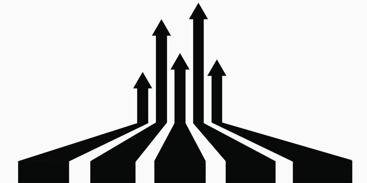 Five black arrows converging at a base and fanning out upwards, symbolizing growth, progress, and multiple paths to success.