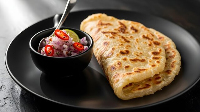 Close-up of freshly cooked thin Sri Lankan pol roti with a golden brown texture, served on a plate and paired with spicy lunu miris in a ceramic bowl.