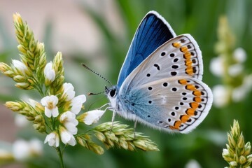 Obraz premium Common Blue butterfly feeding from small white blooms