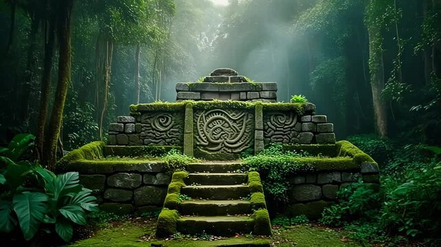 Aztec stone platform deeply overgrown with greenery, narrow staircase worn down by rain