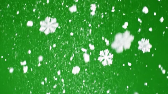 White snowflakes of various shapes and sizes drift on a bright green background