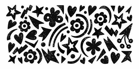 a black and white pattern featuring hearts flowers stars and various abstract shapes