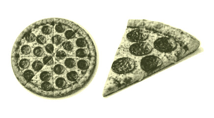Pepperoni Pizza Whole and Slice Vintage Engraving Illustration isolated on transparent background, generative ai