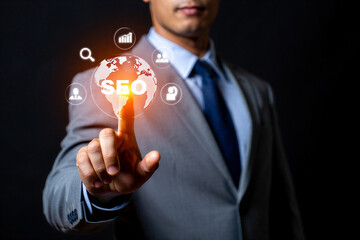 A businessman engaging with a glowing global seo concept for digital marketing success