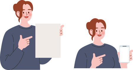 Friendly Character Presenting Blank Paper and Smartphone Screen