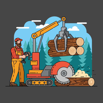 Lumberjack operating crane and saw with logs in forest, illustration
