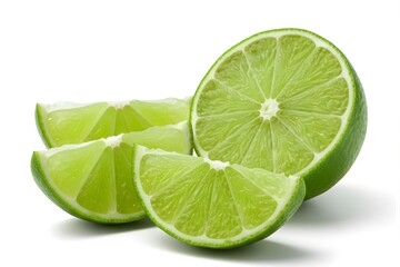Fresh Lime Slices and Half Cut Isolated on White Background
