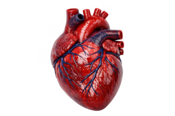 Anatomical human heart model, showing coronary arteries and veins for medical education, cardiology, and health science research, transparent background