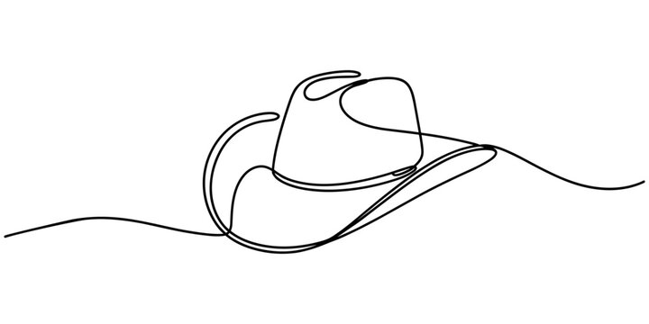 One line art cowboy hat - Minimalist continuous line drawing of western style hat vector illustration, Continuous one line drawing of men hat, Single line drawing of cowboy hat, Vector continuous one
