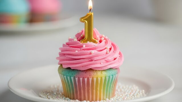Celebrate first birthday with colorful cupcake - Powered by Adobe
