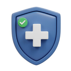 Obraz premium Blue shield icon with a white medical cross and green checkmark symbolizing health and security isolated on transparent background