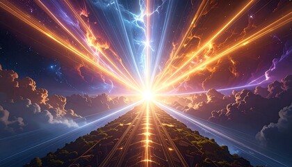 A vibrant cosmic pathway ascends toward radiant light, piercing a celestial sky, framed by swirling clouds and dynamic color