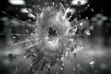 Shattered glass impact with flying fragments in motion