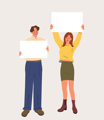 Man and Woman Holding Empty Signboard for Your Message