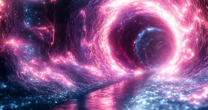 Colorful swirling tunnel with glowing lights and reflections