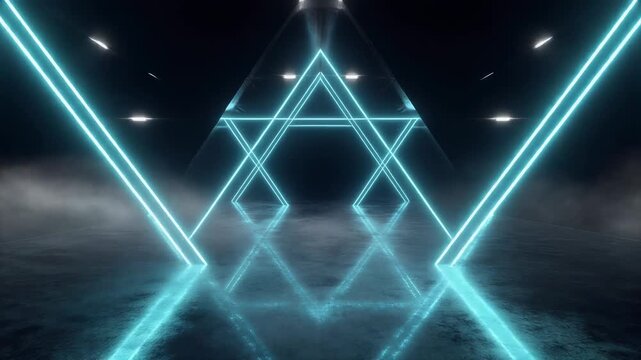 Dark futuristic room, neon blue geometric glowing lines, rotating camera orbit