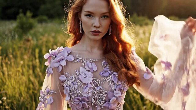 Elegant fashion portrait of a bold model wearing a sheer pastel gown, cinematic slow motion capture showcasing ethereal beauty and luxury style with intricate embellishment in high resolution.