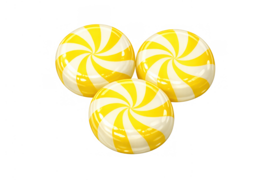 Three round yellow striped hard candy sweets with a swirl pattern, delicious confectionery treat on transparent background - Powered by Adobe