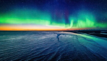 Breathtaking aurora borealis display over a serene ocean and beach