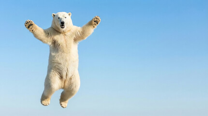 Happy Polar Bear Jumping Against Blue Sky