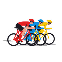 Fototapeta premium Three cyclists race in a flat design style, showing speed and competition.