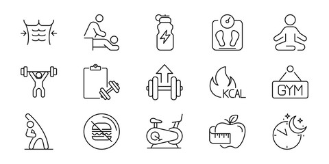 Fototapeta premium Fitness and healthy lifestyle icons weight loss, exercise, gym, and well-being