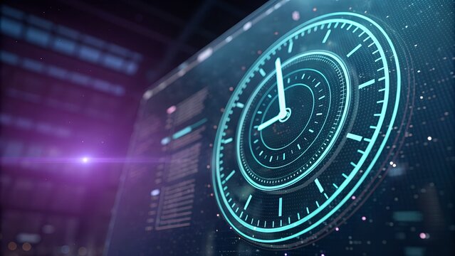 Futuristic clock with neon blue glow on dark background with digital elements - Powered by Adobe