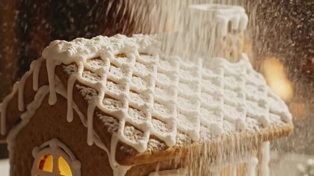 Gingerbread House: A close-up view of a beautifully crafted gingerbread house, intricately decorated with icing and a dusting of powdered sugar.