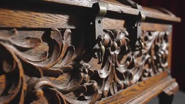 Close-up of a carved wooden chest, showcasing detailed floral ornamentation and metal hardware