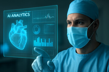 Surgeon wearing a mask looking at an AI analytics heart hologram for advanced patient cardiovascular monitoring